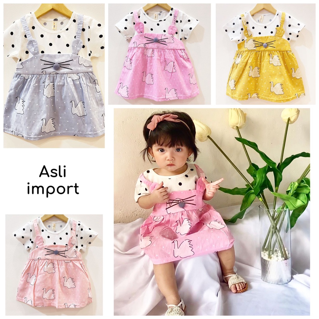 SIMPLE MEOW / LUCKY CAT / PEACHY / PRINCESS SWAN SLEEPING BEAUTY MIKADO POLKIA SHANDY DRESS Baju Dress Bunga Bandana Sepatu Pergi Lucu Fashion Anak Bayi Perempuan Cewek Import