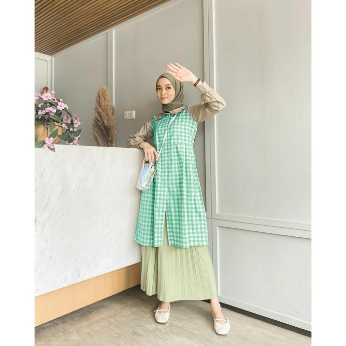 Melita Tunik Atasan Katun Kotak Premium Fashion Wanita Muslim Termurah - Hijau Daun