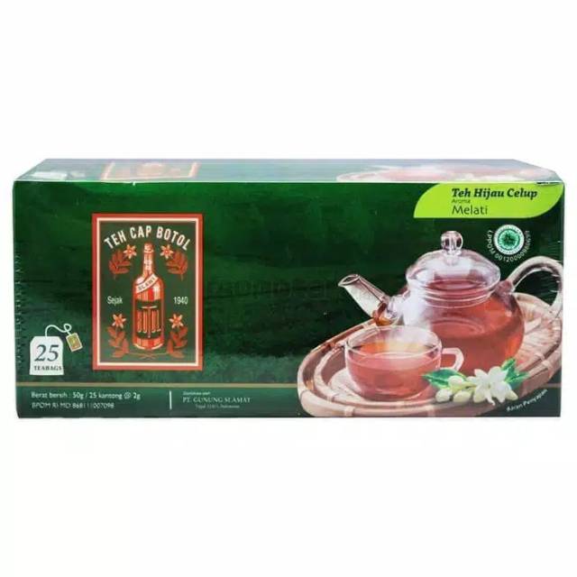 

Teh cap botol teh hijau celup aroma melati 50 gram isi 25 s