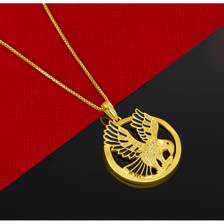 Liontin Lapis Emas Asli Kadar 375 Desain Elang Hias Berlian Gaya Retro Untuk Pria Dan Wanita