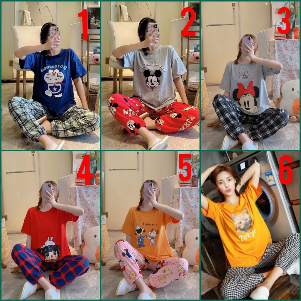 Baju tidur piyama lengan pendek celana panjang model joger bahan spandek import