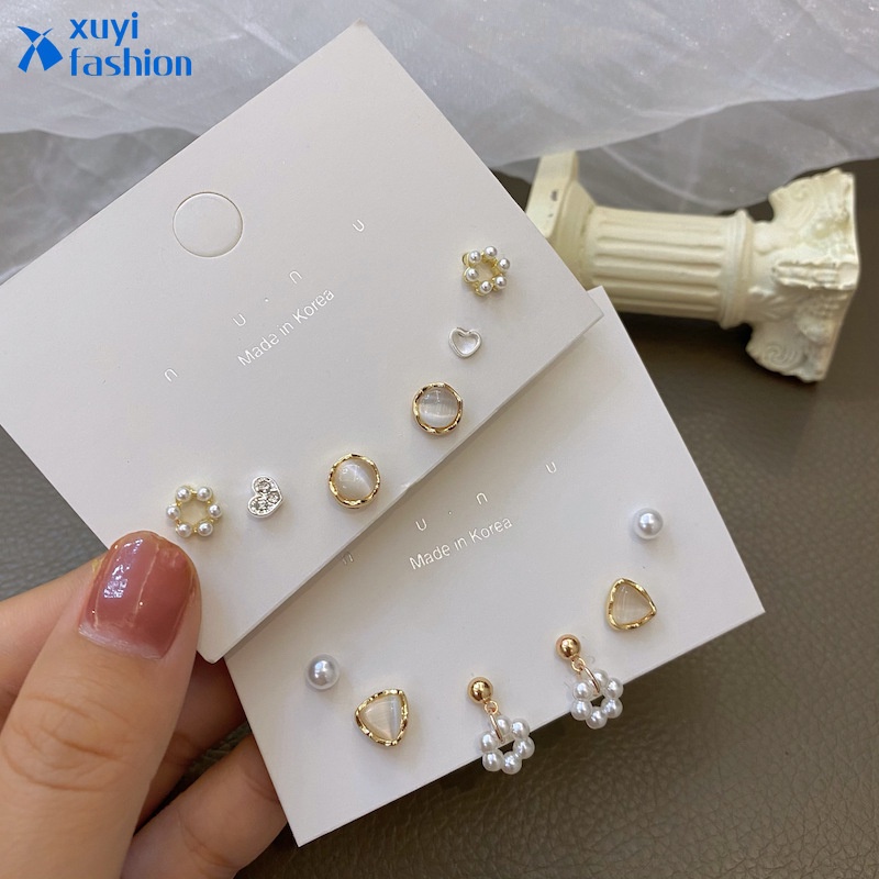 3 Pasang / Set Anting Stud Mutiara Opal Bentuk Hati Gaya Elegan Untuk Wanita