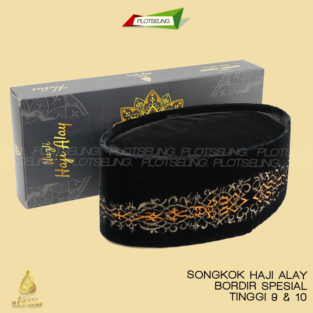 Songkok Premium HAJI ALAY BORDIR SPESIAL AC Tinggi 9 Peci Sholat Pria Dewasa Hitam Full Motif Batik NU Kopiah Shalat Anak Santri Laki Kopyah Solat Pesantren Nasional Beludru Ukuran Jumbo Kopeah Bulat Bludru Putih Pendek Karakter Nama Ori Original