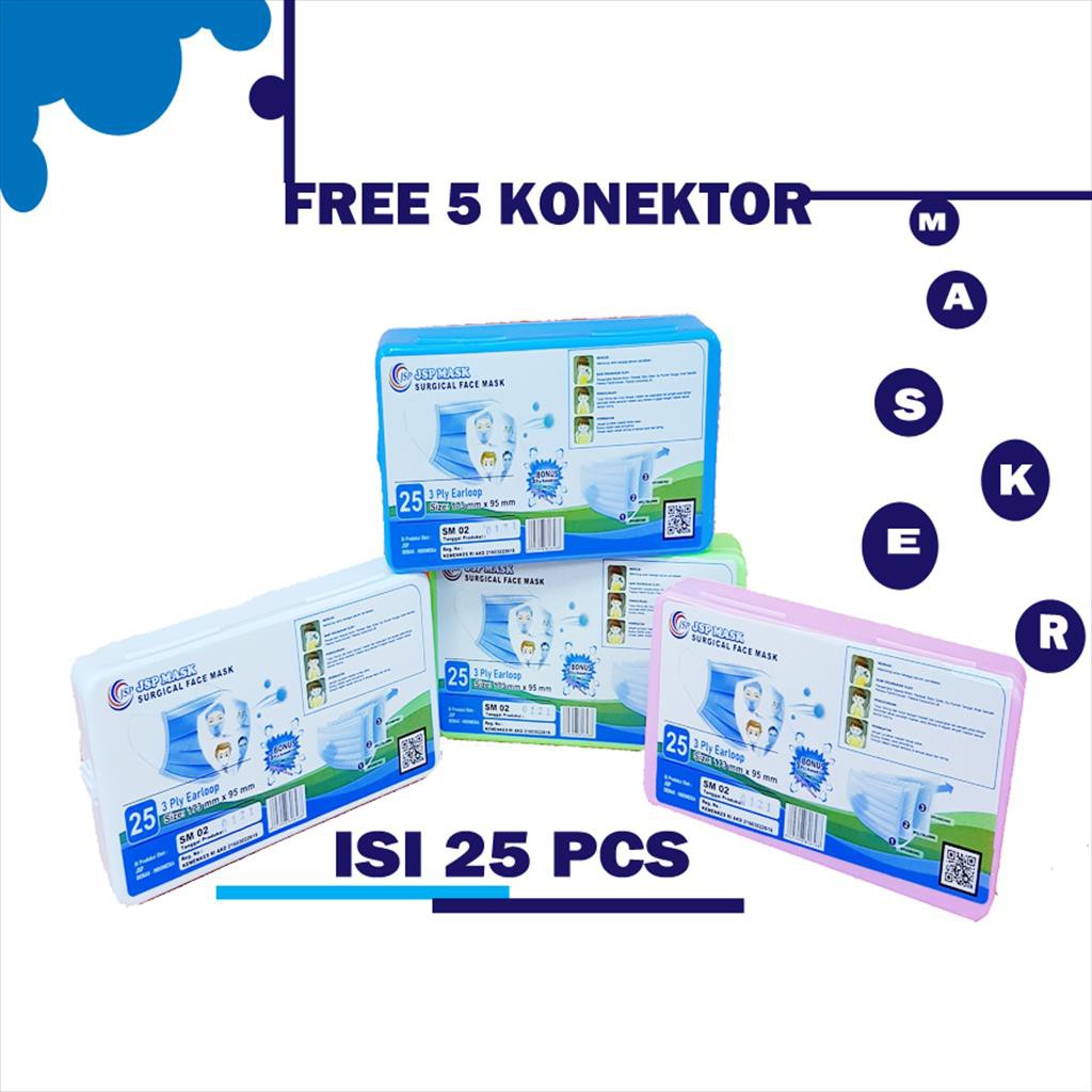 Masker Medis  3 PLY ISI 25 PCS FREE 5 KONEKTOR SM02