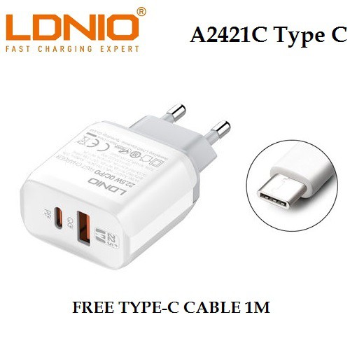 LDNIO A2421C USB-C - Dual USB Charger QC 3.0 PD 22.5W - Type-C Cable