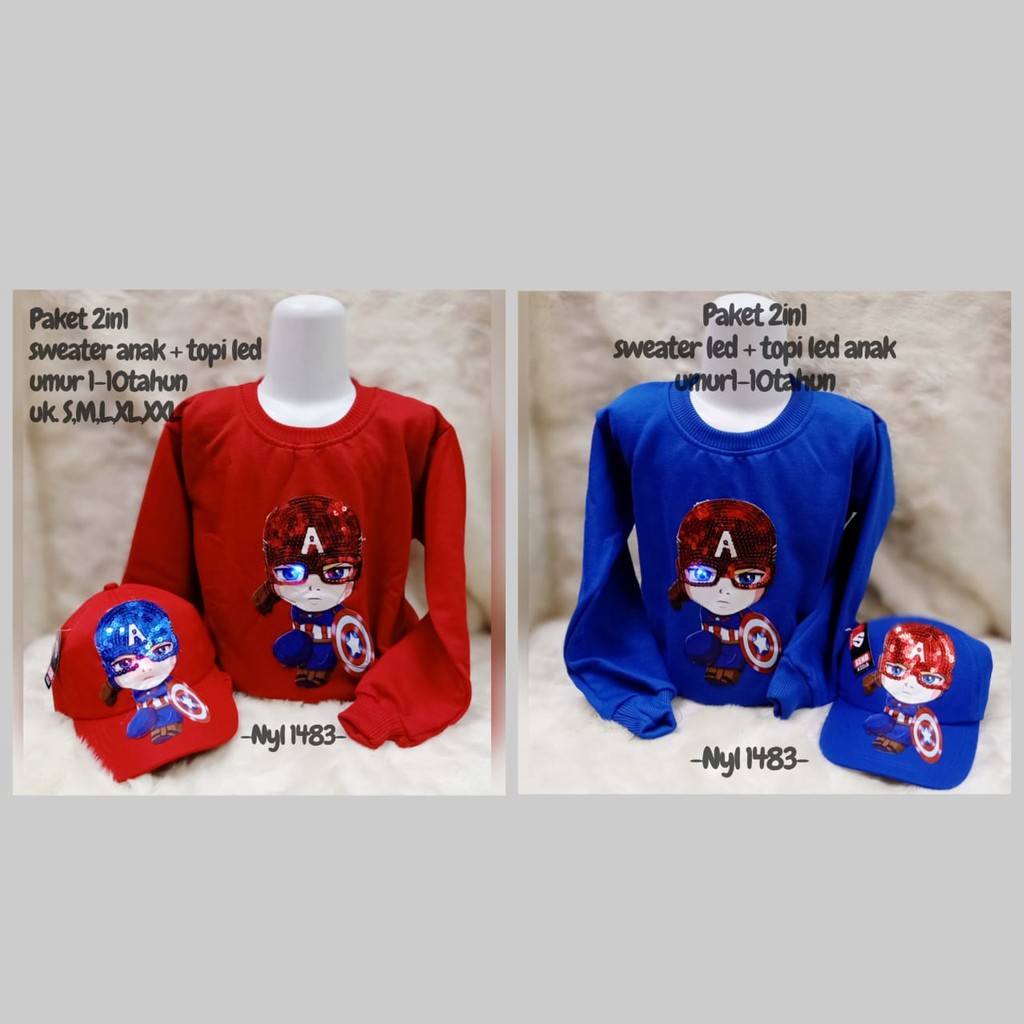 baju anak switer led gratis topi led capten amerika