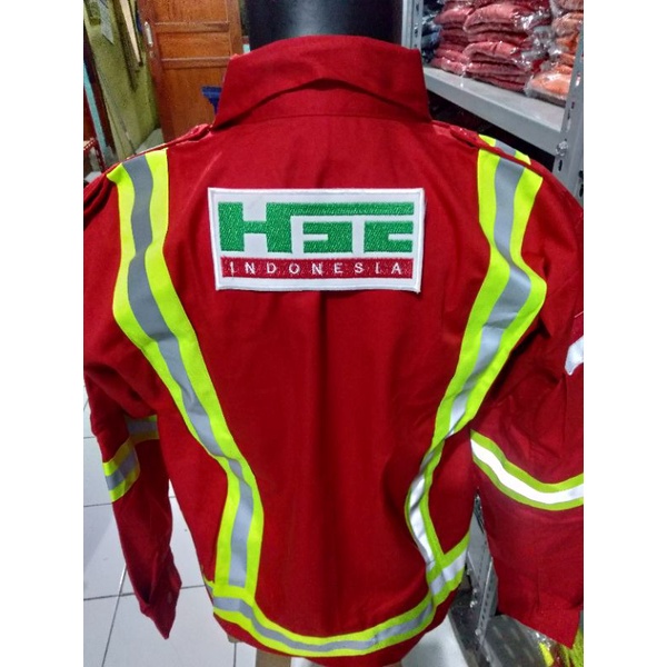 SERAGAM BAJU SAFETY MERAH HSE TEAM KAIN DRILL BORDIL LENGKAP TERPASANG