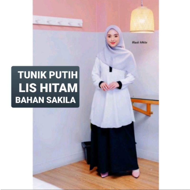 BAJU TUNIK PUTIH LISS HITAM (S.M.L.XL) BISA DIBUAT SERAGAM/SEKOLAH/GURU/PNS/PEMDA