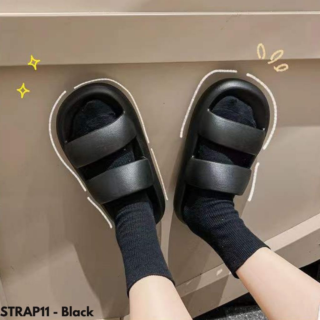 SANDAL KOREA KARET PRIA WANITA COUPLE UNISEX HITAM PUTIH BERKUALITAS ANTI SLIP RUMAH KERJA OOTD STRAP11