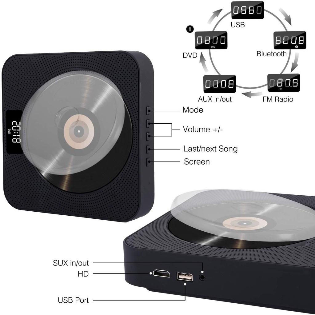 Pemutar CD Portabel/Pemutar CD Bluetooth di Dinding, Audio Rumah dengan Layar, Remote Control