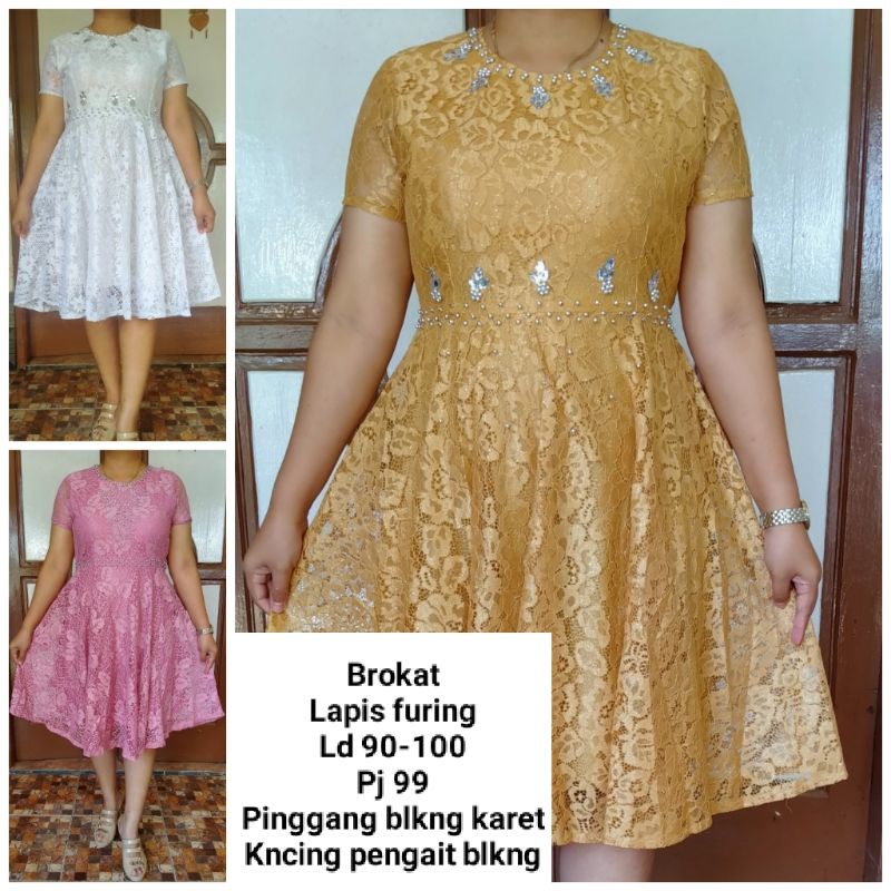 Dress brokat putih lengan pendek payet mutiara s m l pinggang karet