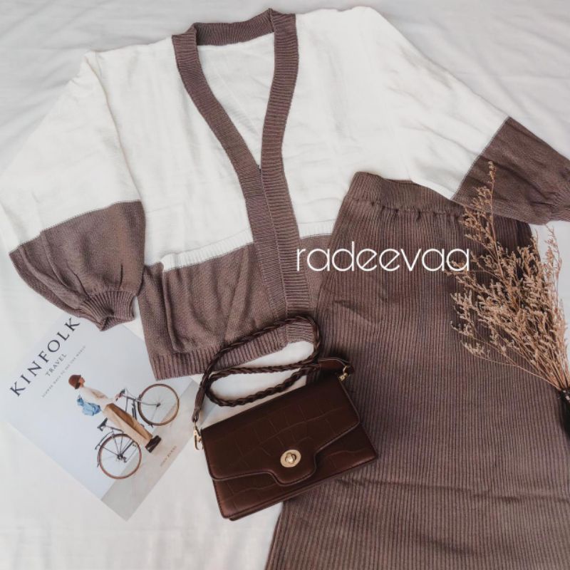 ONE SET RAJUT TWO TONE CARDIGAN DAN ROK KNIT PREMIUM-Burgundy