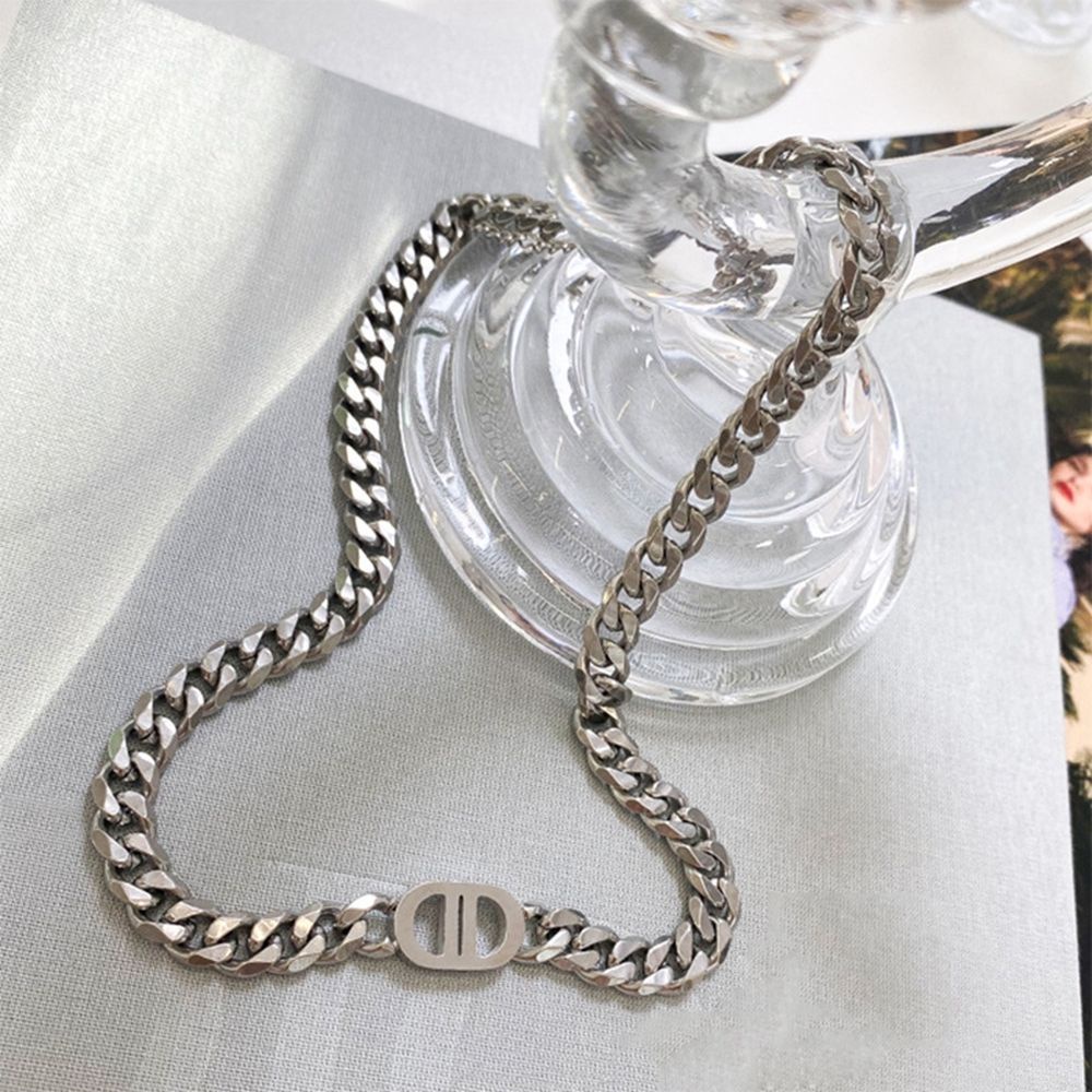 MXBEAUTY Simple Female Sweater Chain Retro Metal Bracelet Korean Style Necklace Thick Chain Luxury Jewelry Gift Letter DD Personality Temperament Metal Clavicle Chain