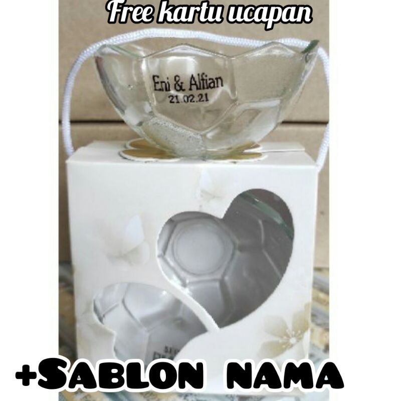 SOUVENIR MANGKOK BOLA KACA KEMASAN BOX MOTIF CANTIK FREE SABLON NAMA