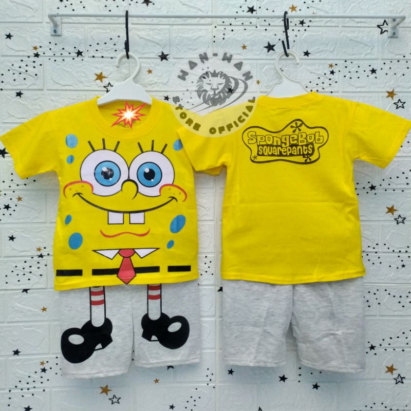 Setelan Baju Kaos Spongebob Bayi Anak Umur 1 Bulan - 7 Tahun Setelan Anak Spogebob