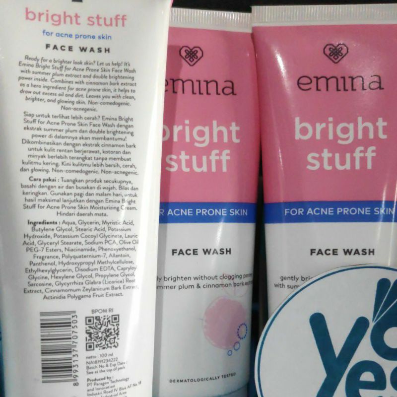 Emina Bright Stuff Face Wash 100 ml 50 ml For Acne Prone Skin Whip Sabun Cuci Muka Wajah Kulit Normal Berminyak Berjerawat