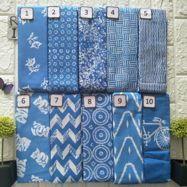 Kain batik cap garutan satu warna pastel, warna biru, biru muda