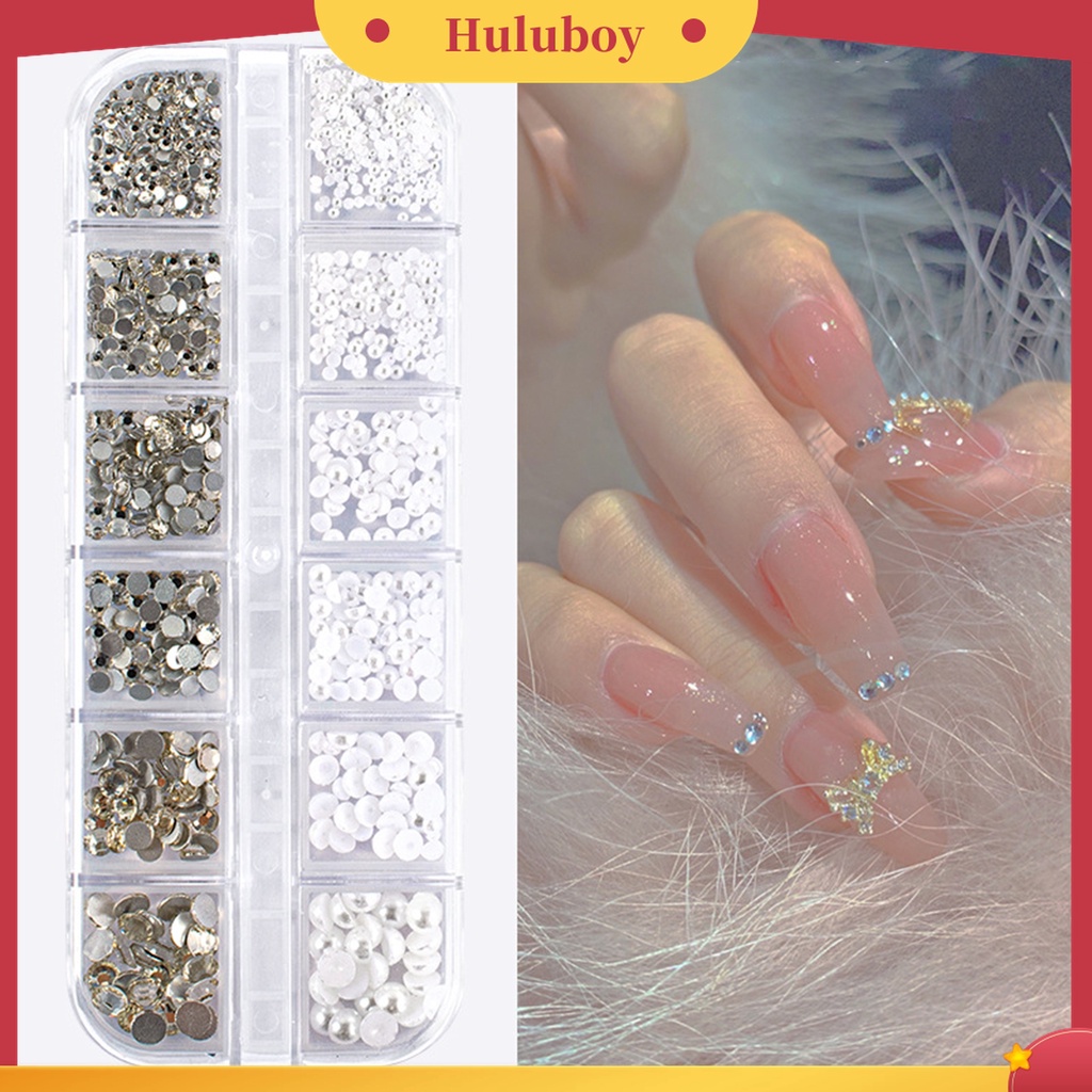 Huluboy Huluboy♡ 12 Grid / Kotak Berlian Imitasi Glitters 3D Bentuk Bulat Untuk Dekorasi Nail Art