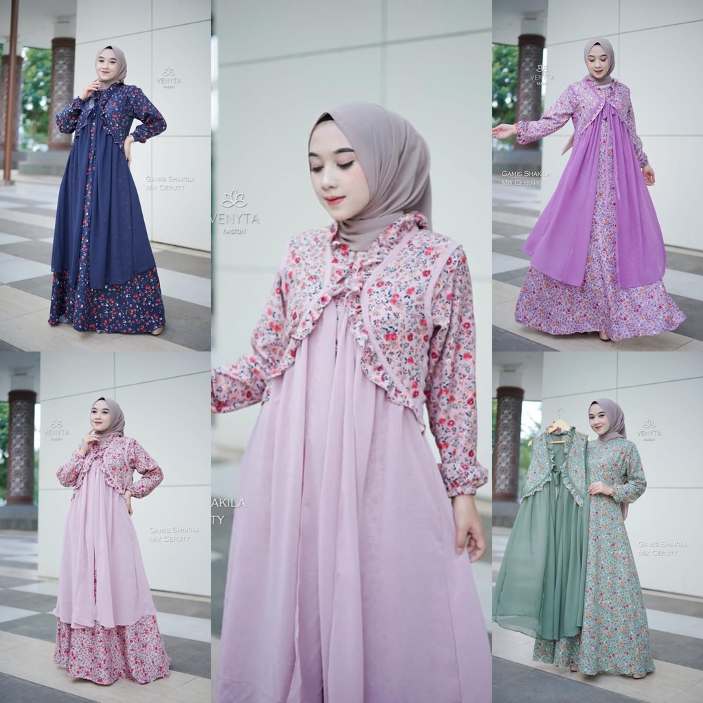 Gamis SET OUTER BLEZER CARDIGAN  2IN1 ori venyta LAILI LILI SET OUTHER  ROMPI baju muslim hits motif bunga umbrella Mayung syari maxidress pesta