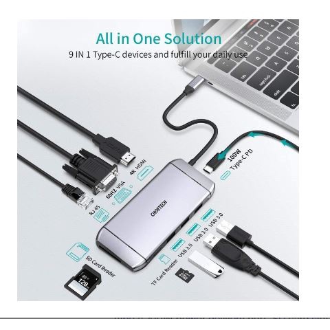 Type c to hdtv Vga Rj45 lan Usb 3.0 Tf Sd Usb-c Pd 100w choetech 9in1 4k 1080p gigabit Hub m15