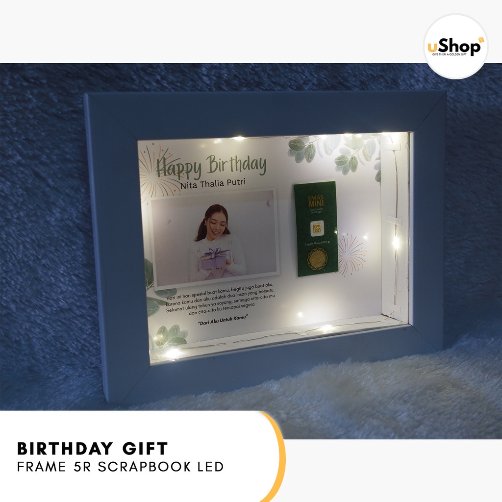 Birthday Gift Frame 5R Scrapbook LED Kado Ulang Tahun Kado Anniversary Logam Mulia Emas Mini