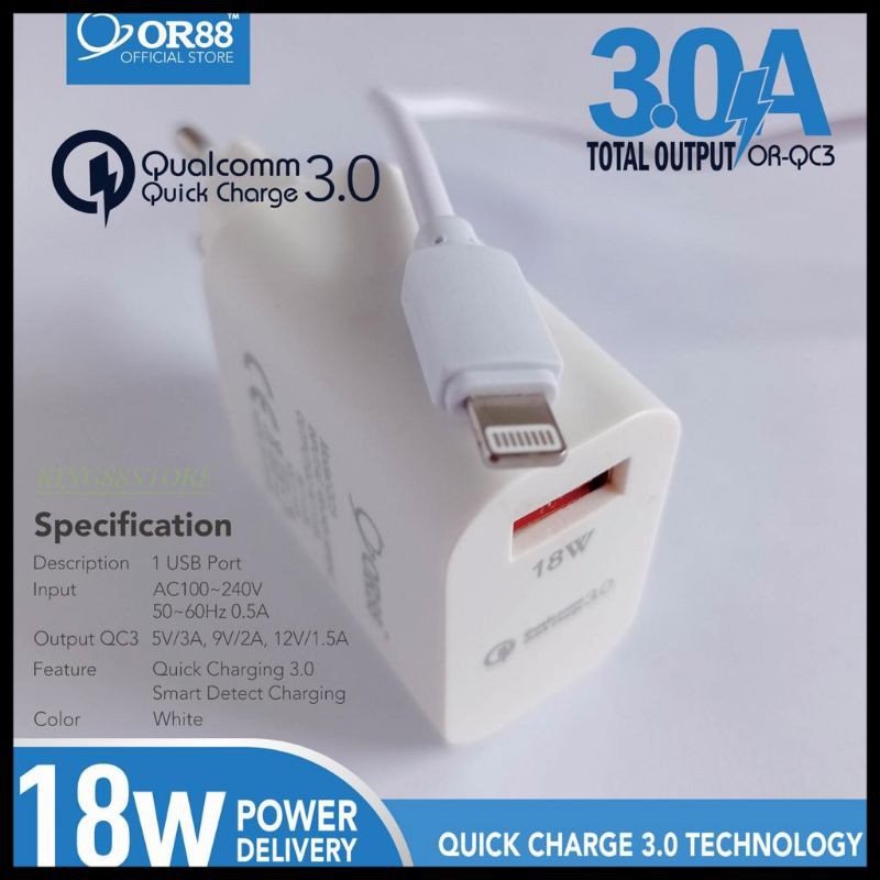 OR-QC3 CHARGER OR88 ORIGINAL FAST CHARGING TYPE LIGHTNING/IOS