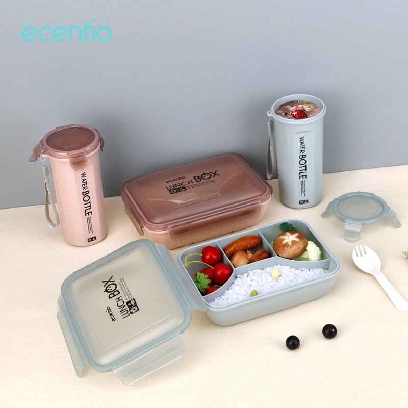 ecentio tempat makan set/ 1100ml 4 grid Kotak makan siang dengan botol air 500ml/tempat makan siang portabel anti bocor lunch box set