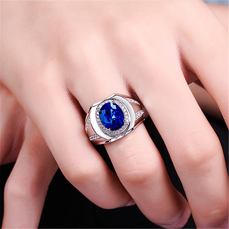 Cincin Emas Putih Pria dan Wanita Cincin Pertunangan Berlian Batu Permata Safir Putih Alami