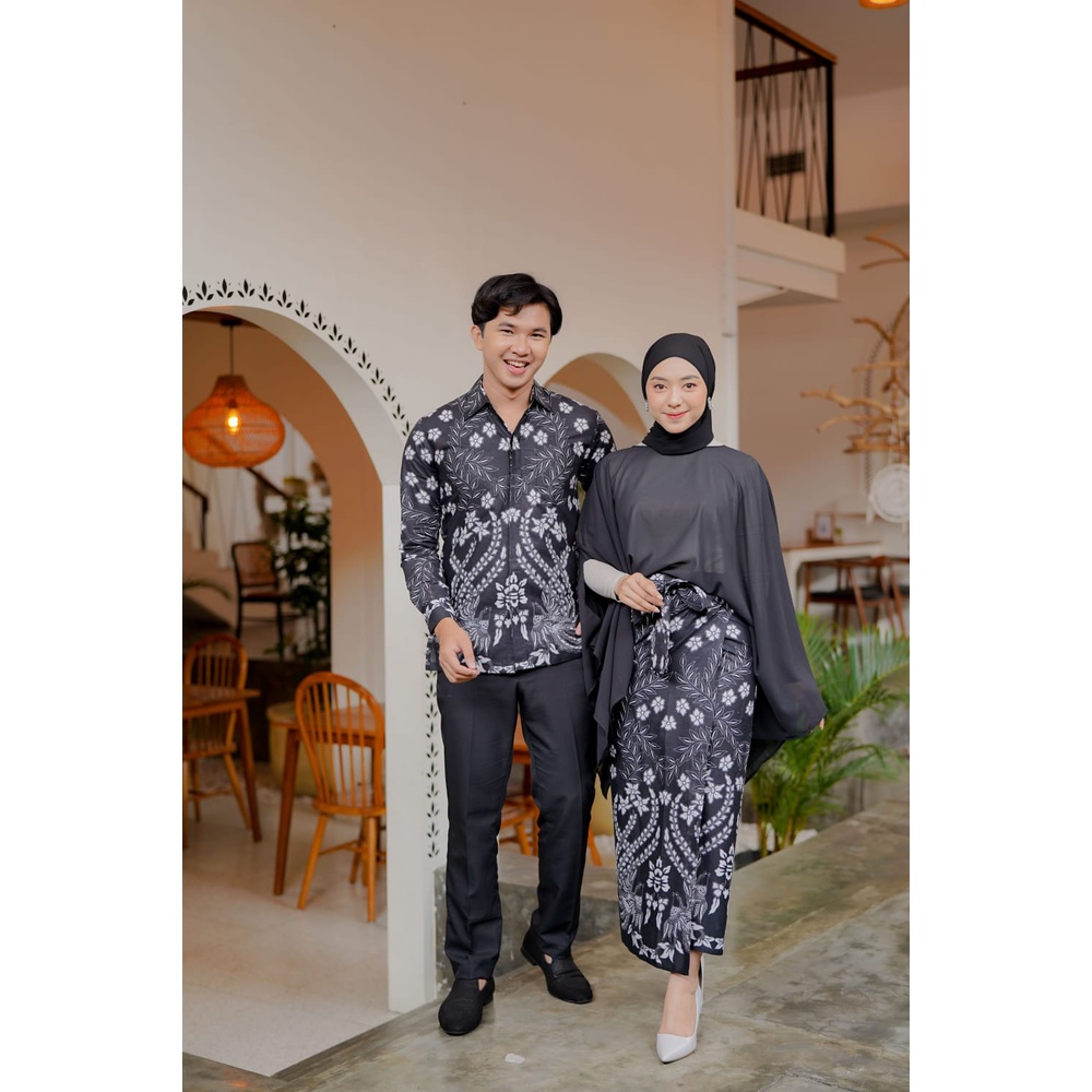 SET BATIK COUPLE KINAN HITAM (KEMEJA BATIK, ROK BATIK DAN SLENDANG, ATASAN) BAJU KONDANGAN, BAJU LAM