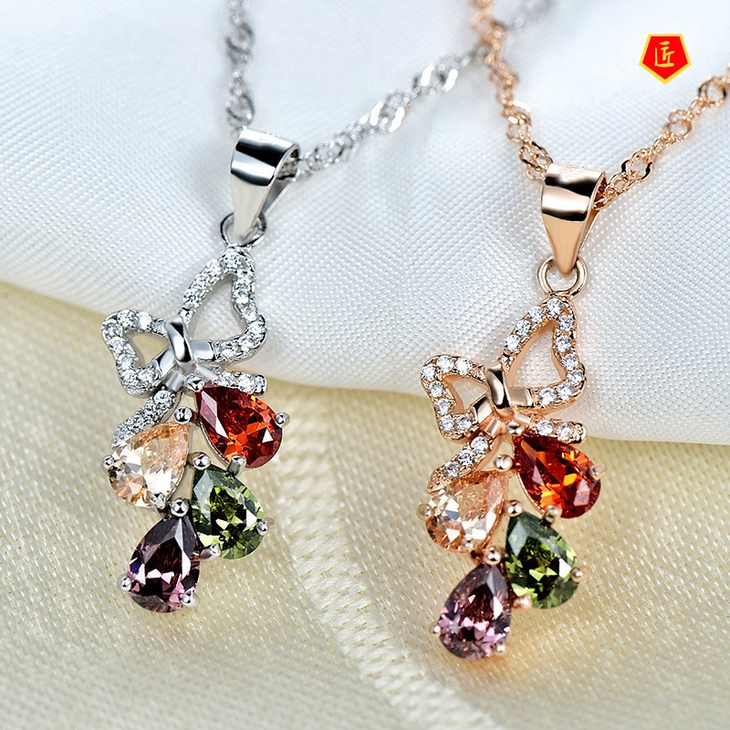 [Ready Stock]Silver Necklace Women's Four Color Zircon Pendant Fashion Elegant