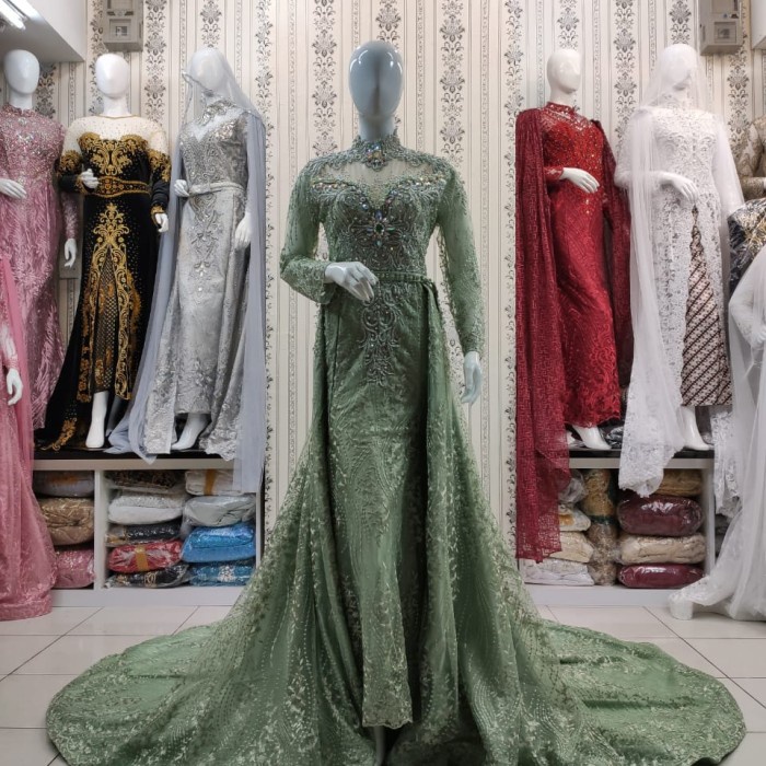 Original Produk Kebaya Dress Pesta gaun pengantin span slim full payet ekor - ijo wardah, All Size