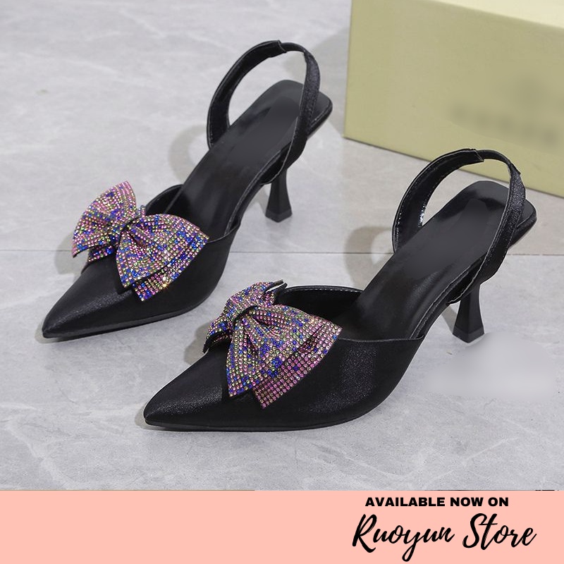 RYX - Ribbon Sequin Sepatu Heels Hak Wanita Fashion Casual / Pesta - Ori Import