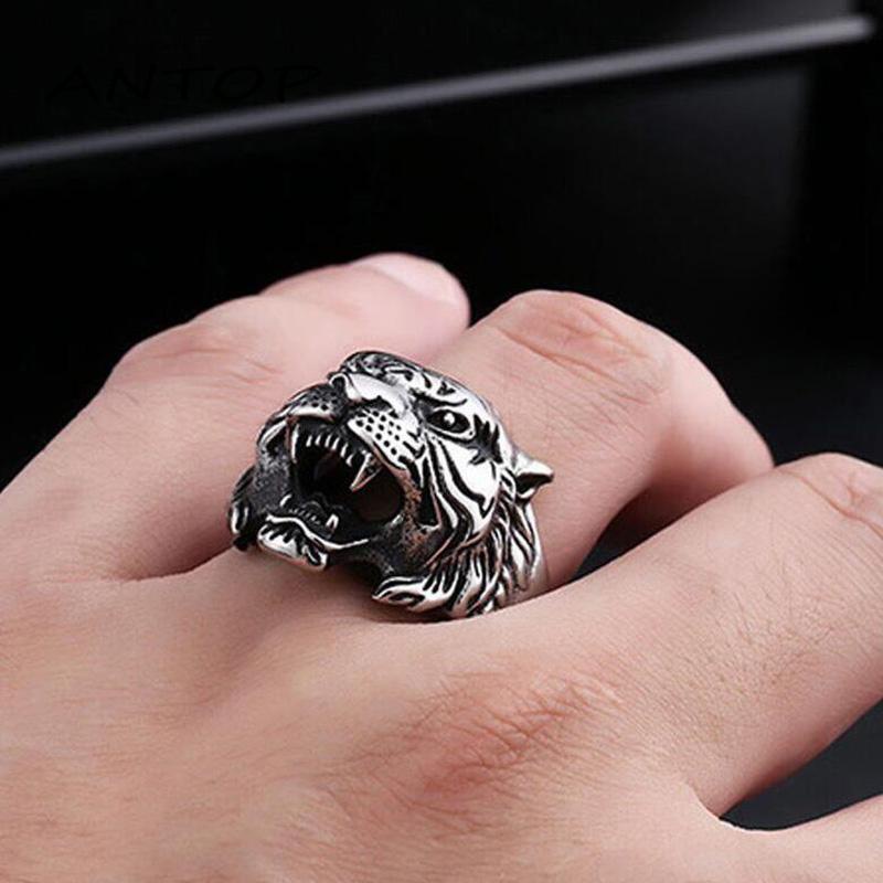 Cincin Bentuk Kepala Harimau Gaya Retro Untuk Pria