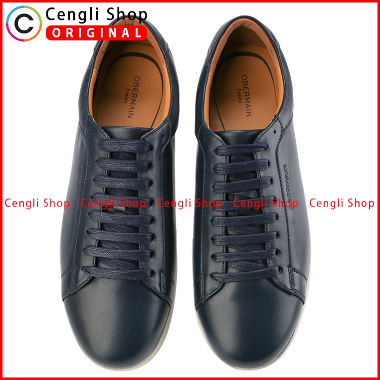 SEPATU OBERMAIN PRIA ORIGINAL SNEAKER CASUAL KULIT ASLI BIRU NAVY OM02