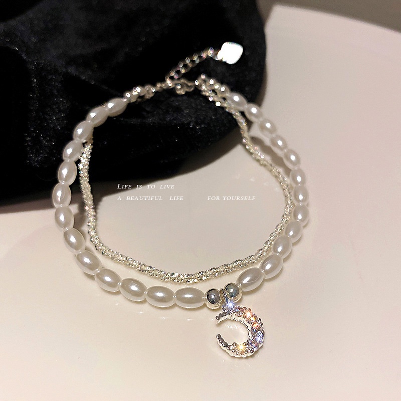 Berkilau Mutiara Zirkon Bulan Liontin Double-Layer Gelang Wanita Korea In Desain Gelang Perhiasan Aksesoris Hadiah