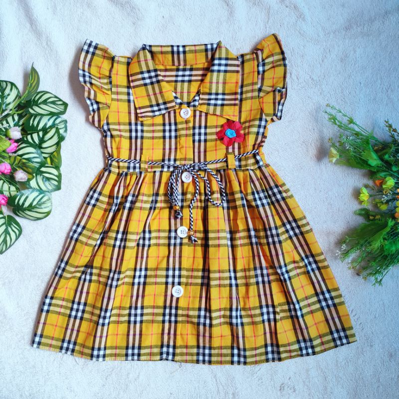 Dress Anak 2 3 tahun kancing hidup motif kotak baju anak perempuan cewek lucu baju lebaran  ( dress kancing Square  )