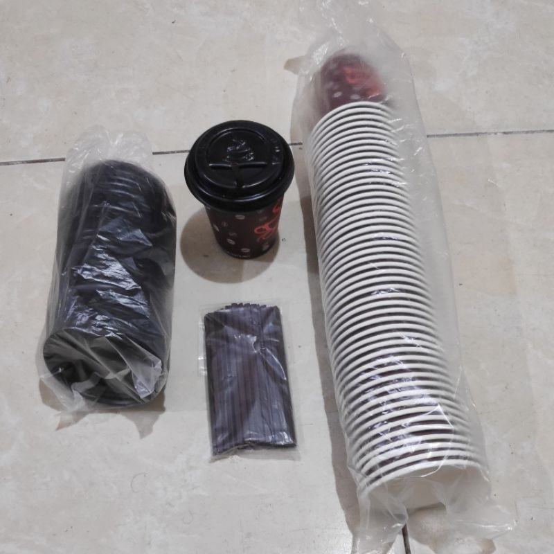 PaperCup+Tutup 8oz 50pcs (Bonus Stirer) , Gelas Kertas, Paper Cup kopi