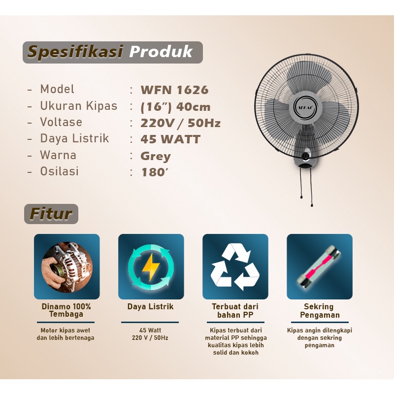 SEKAI Kipas Angin Dinding / Wall Fan 16 lnch 2 Tali WFN 1626