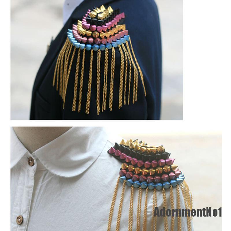 (Adornmentno1) 1pc Bros Epaulet Aksen Rivet + Rumbai Rantai Gaya Vintage / Punk Untuk Wanita