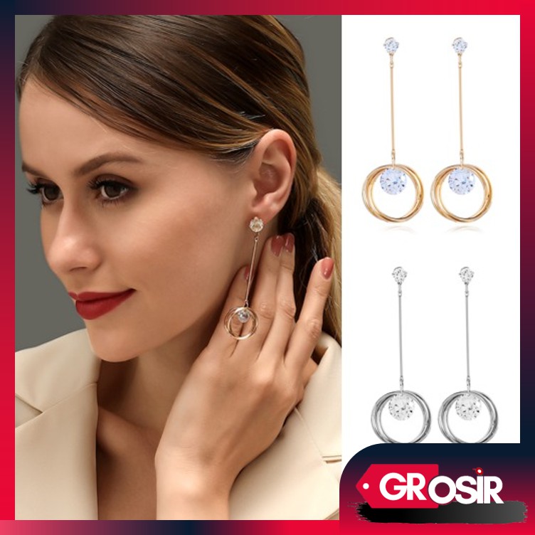 Grosir - F670 Anting Bulat Diamond Wanita/Anting Panjang Bulat/Aksesoris Fashion/Perhiasan Wanita