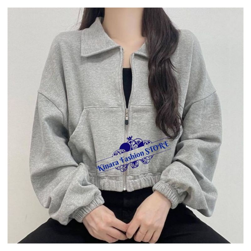 Sweater Crewneck Crop Outerwear Pakaian Wanita VADA COLAR JAKET Korean style Bahan flecee