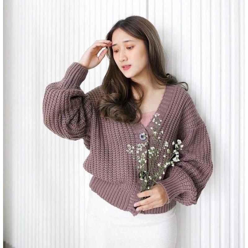 Kardigan Ellena semi crop kancing/baju rajut wanita tebal/atasan knit premium murah