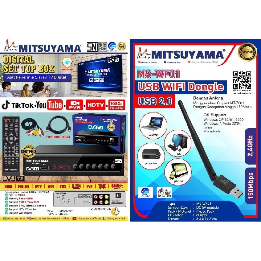 Barangunik2021 -Set Top Box Mitsuyama MS-DVB01 STB Alat Penerima Siaran TV Digital - STB+Dongle-Ms-WF01