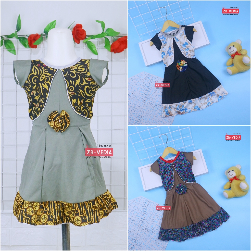 Dress Joana uk 1-2 Tahun / Dres Anak Perempuan Murah Baju Cewek Gaun Brukat Lengan Pendek Import