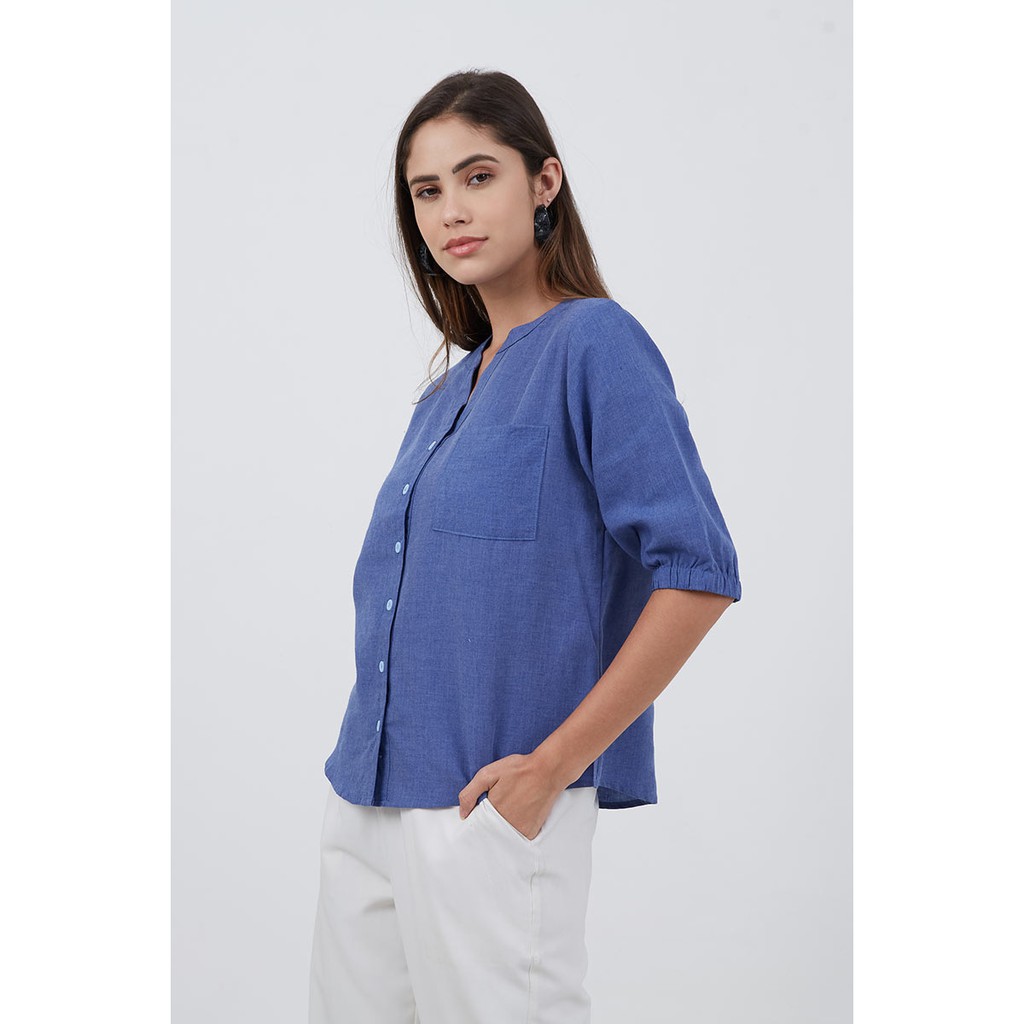 Sorabel - Hyorena Plain V-neck Women Blouse / Kemeja Wanita Polos Collar Neck Lengan 3/4-1