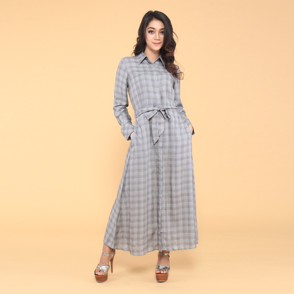 Benhill Gamis Wanita  Flannel Lengan Panjang Abu Kotak 0527-33649