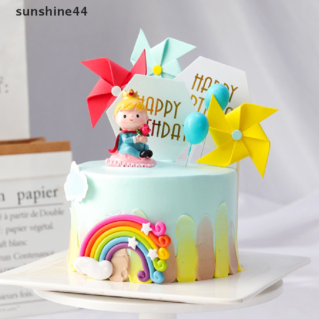 Sunshine 3pcs Topper Kue Ulang Tahun Bentuk Kincir Angin 3D Bahan Kertas Foam Warna-Warni