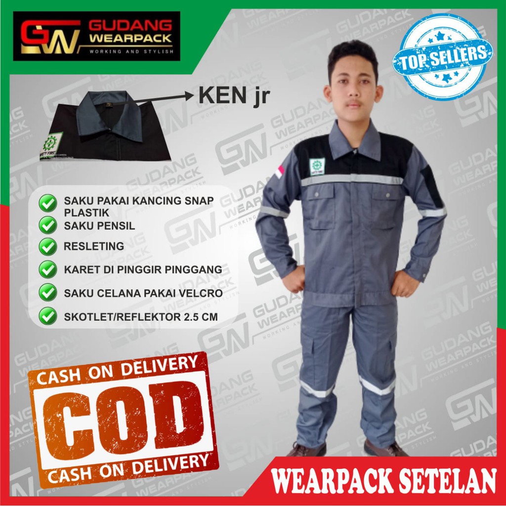 Star Wearpack -  Setelan Baju &amp; Celana Seragam Kerja Proyek Abu Kombinasi Hitam