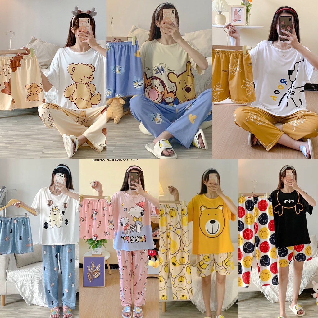 Baru set Baju Tidur Wanita Dewasa Oversize Piyama Bahan Kaos Celana Panjang  Pendek Setelan Baju Tidur 3IN1 Setelan Piyama