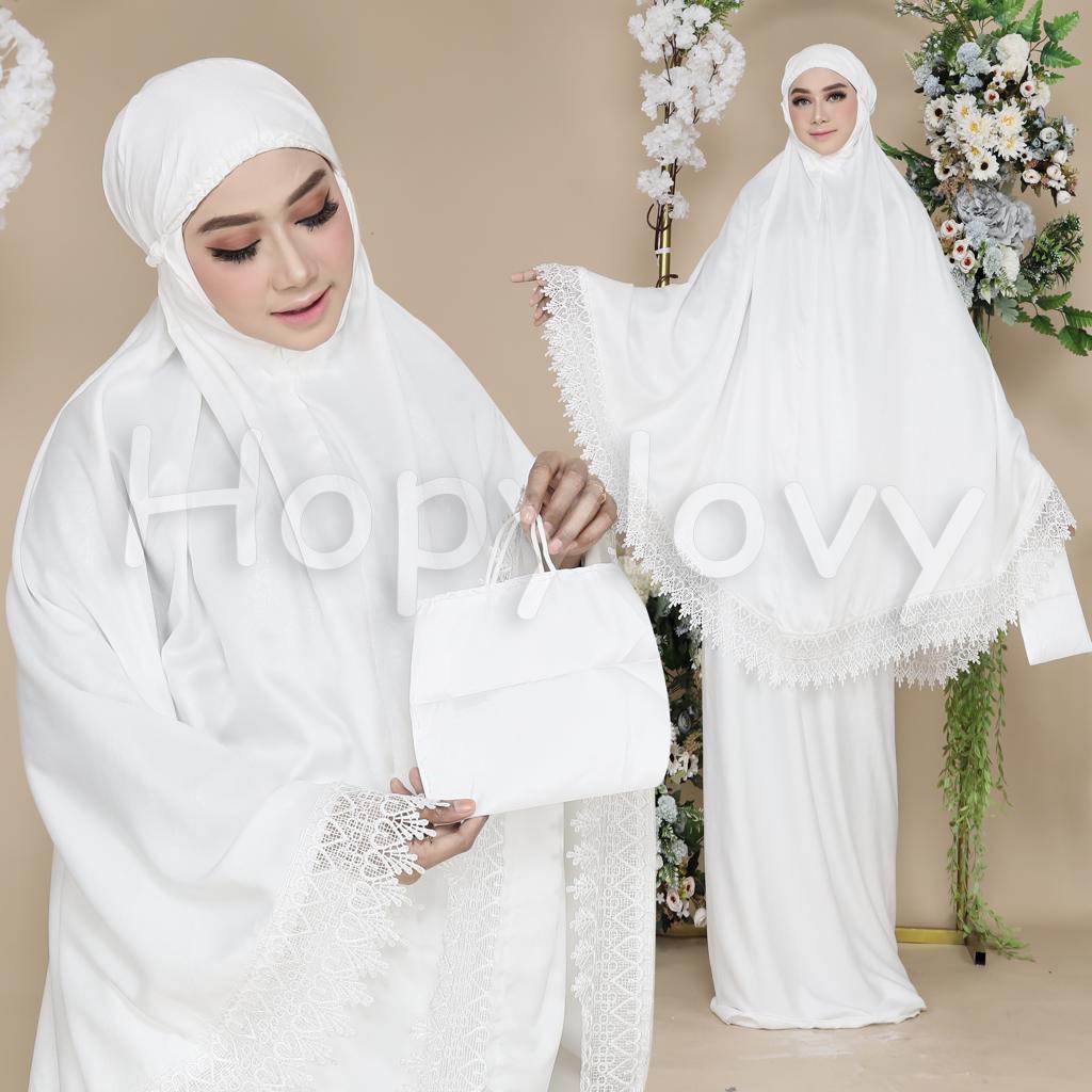 HOPYLOVY - Mukena Putih Wanita Bahan Saten Renda / Mukena Aisyah